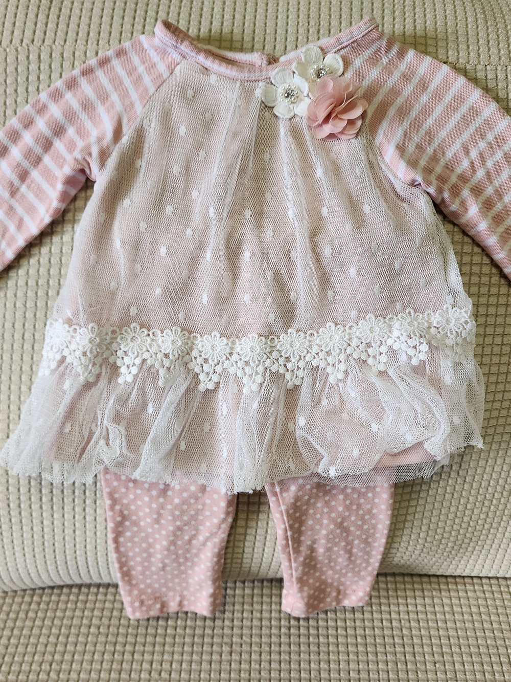 Rare Editions 3-6M Pink Floral Tulle Baby Dress & Polka Dot Leggings Set.